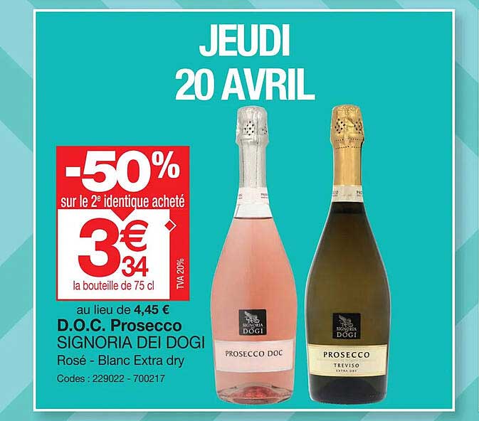 d.o.c. prosecco signoria dei dogi rosé - blanc extra dry -50% sur le 2e identique acheté