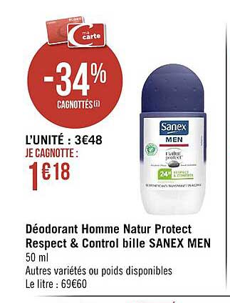 déodorant homme natur protect respect & control bile sanex men