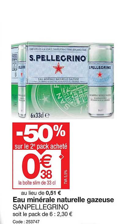 Eau Minérale Naturalle Gazeuse Sanpellegrino -50% Sur Le 2e Pack Acheté