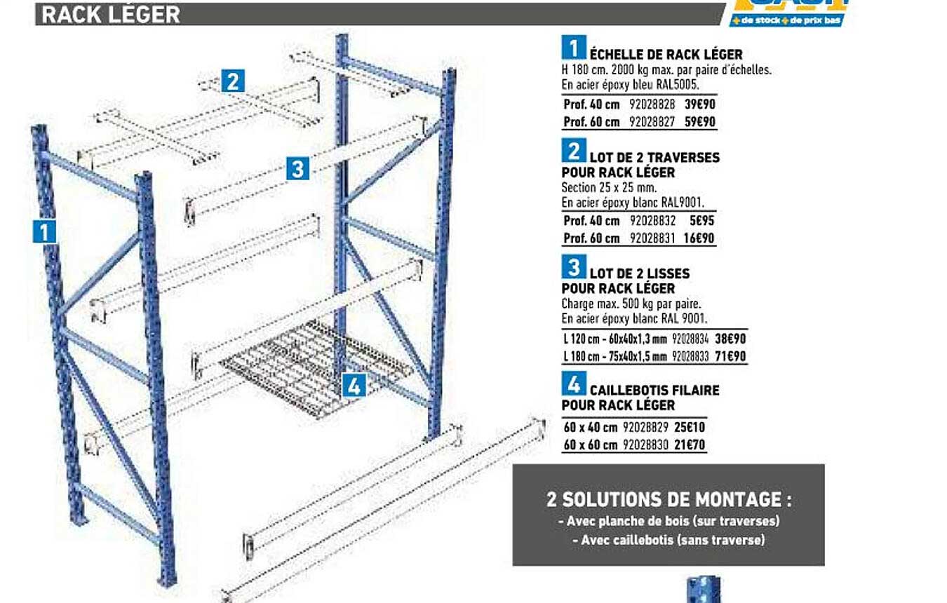 échelle de rack léger, lot de 2 traverses pour rack léger, lot de 2 lisses pour rack léger, caillebotis filaire pour rack léger