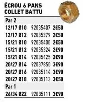 écrou 6 pans collet battu