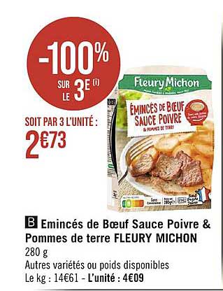 émincés de bœuf sauce poivre & pommes de terre fleury michon -100% sur le 3e