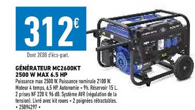 générateur mc2600kt 2500w max 6.5 hp