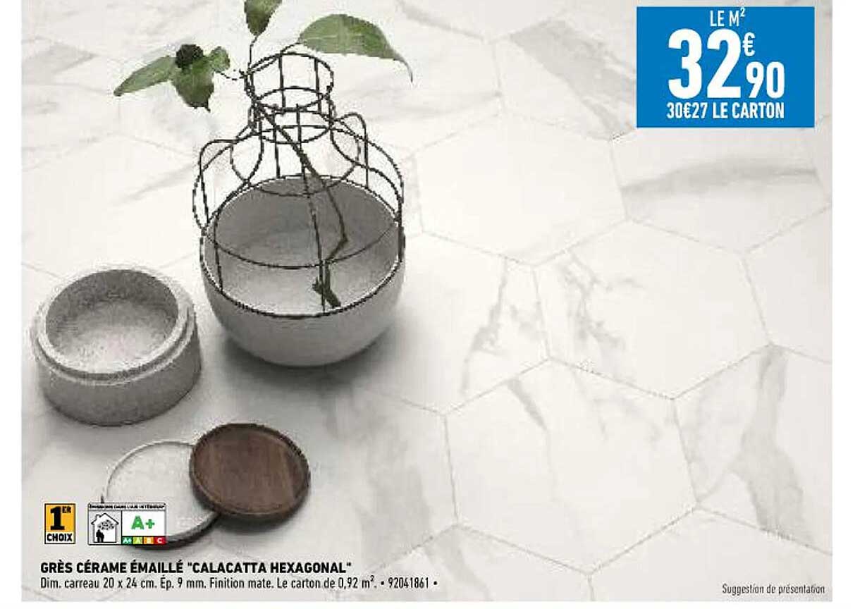 grès cérame émaillé "calacatta hexagonal"