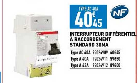 interrupteur différentiel à raccordement standard 30ma