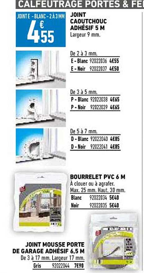 joint caoutchouc adhésif 5 m, bourrelet pvc 6 m, joint mousse porte de garage adhésif 6,5 m