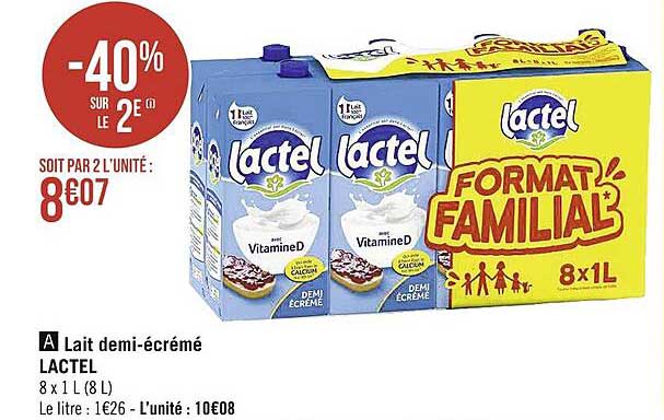 lait demi-écrémé lactel -40% sur le 2e