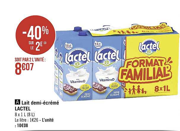 lait demi-écrémé lactel -40% sur le 2e