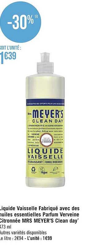 liquide vaisselle fabriqué avec des huiles essentielles parfum verveine citronnée mrs meyer's clean day