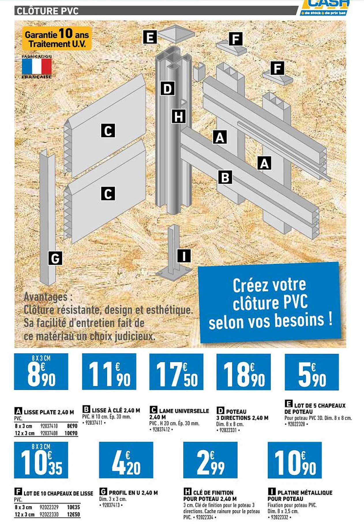 lisse plate 2,40 m, lisse à clé 2,40 m, lame universelle 2,40 m, poteau 3 directions 2,40 m, lot de 5 chapeaux de poteau, lot de 10 chapeaux de lisse, profil en u 2,40 m, clé de finition pour poteau