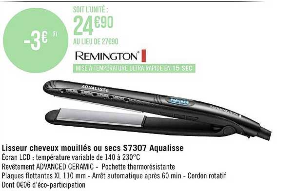 lisseur cheveux mouillés ou secs s7307 aqualisse remington