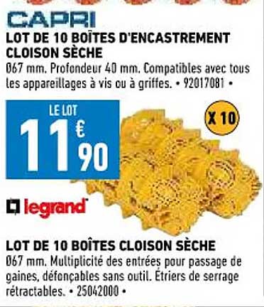 lot de 10 boîtes d'encastrement cloison sèche capri, lot de 10 boîtes cloison sèche legrand