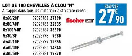 lot de 100 chevilles à clou "n" fischer
