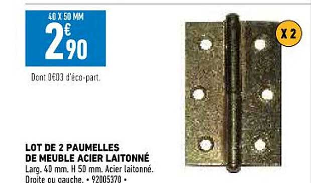 lot de 2 paumelles de meuble acier laitonné