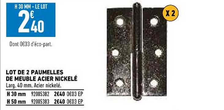 lot de 2 paumelles de meuble acier nickelé