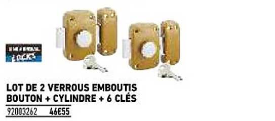 lot de 2 verrous emboutis bouton + cylindre + 6 clés