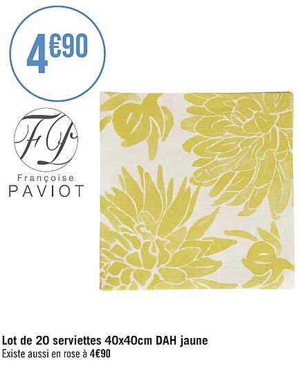 lot de 20 serviettes 40x40cm dah jaune paviot
