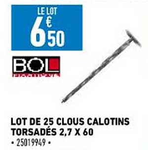 lot de 25 clous calotins torsadés 2,7 x 60 bol
