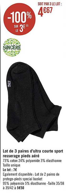 lot de 3 paires d'ultra courte sport resserage pieds aéré