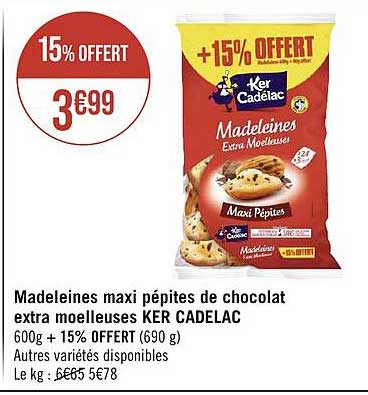 madeleines maxi pépites de chocolat extra moelleuses ker cadelac