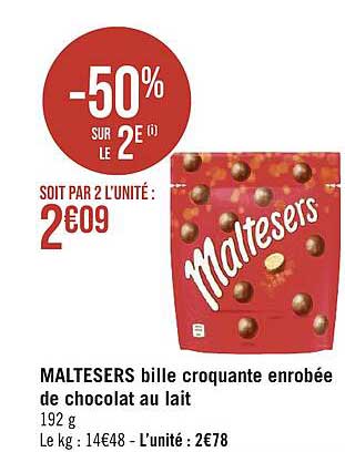 maltesers bille croquante enrobée de chocolat au lait -50% sur le 2e