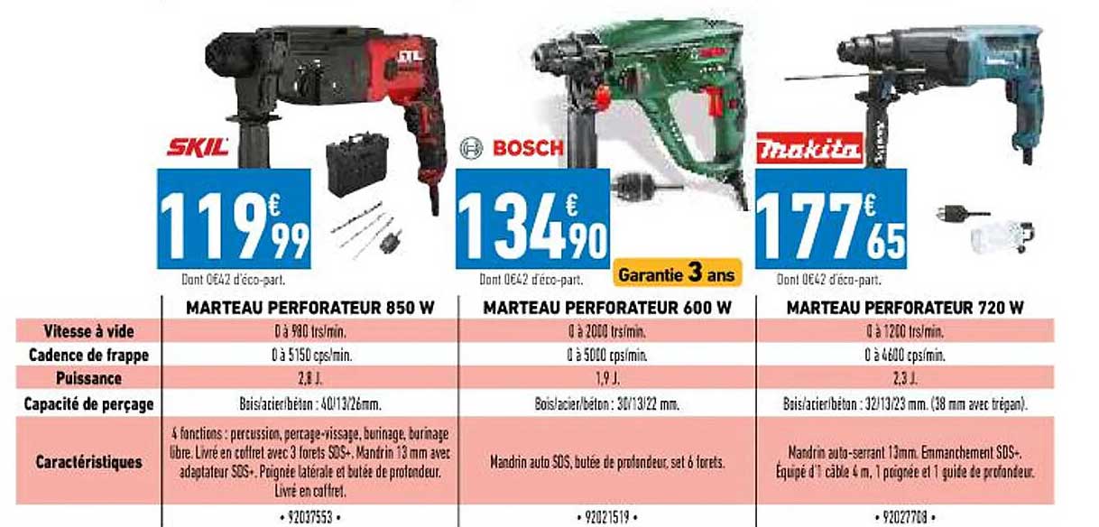 marteau perforateur 850w skil, marteau perforateur 600w bosch, marteau perforateur 720w makita