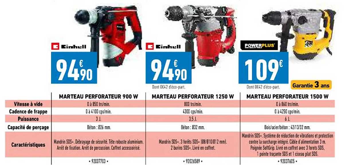 Marteau Perforateur 900w Einhell, Marteau Perforateur 1250w Einhell, Marteau Perforateur 1500w Powerplus
