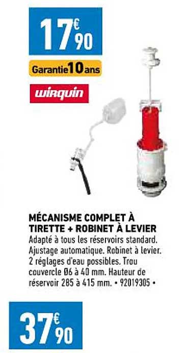 mécanisme complet à tirette + robinet à levier wirquin
