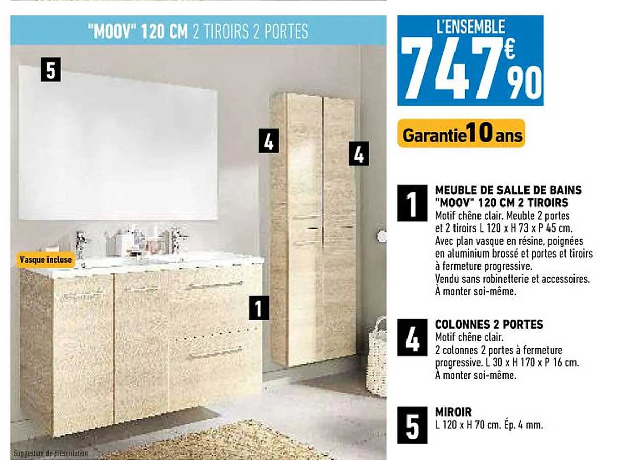 meuble de salle de bains "moov" 120 cm 2 tiroirs, colonnes 2 portes, miroir