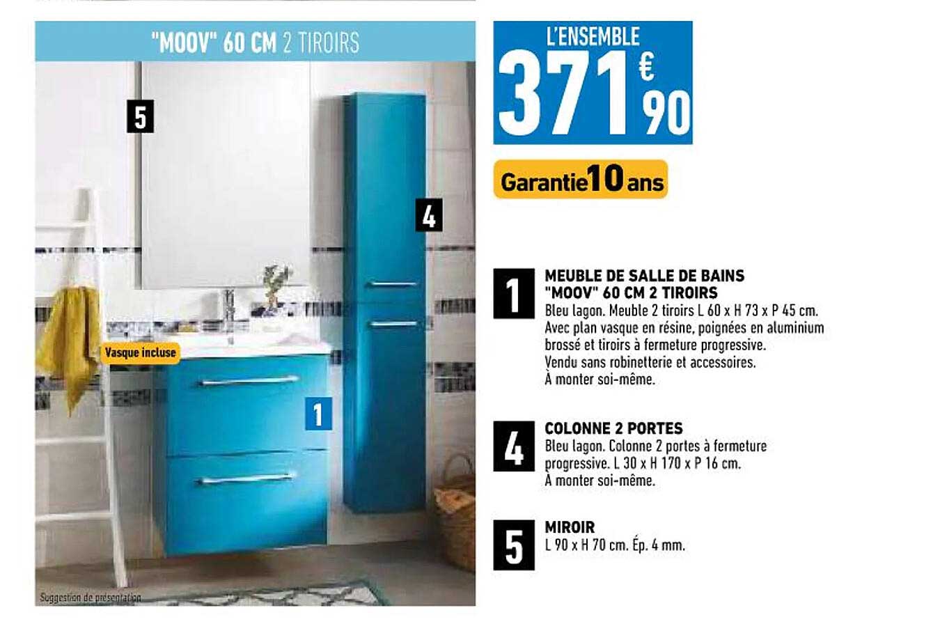 Meuble De Salle De Bains "moov" 60 Cm 2 Tiroirs, Colonne 2 Portes, Miroir