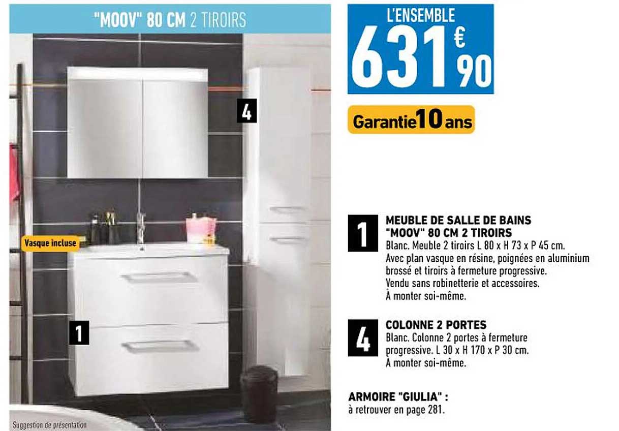 meuble de salle de bains "moov" 80 cm 2 tiroirs, colonne 2 portes, armoire "giulia"