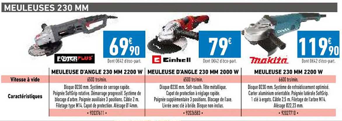 meuleuse d'angle 230 mm 2200w powerplus, meuleuse d'angle 230 mm 2000w einhell, meuleuse 230 mm 2200w makita