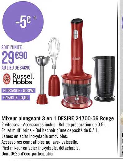 mixeur plongeant 3 en 1 desire 24700-56 rouge
