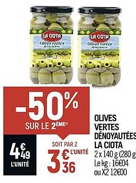 Olives Vertes Dénoyautées La Ciota -50% Sur Le 2ème