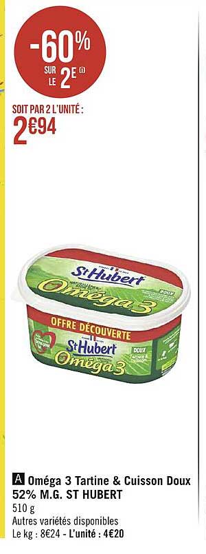 oméga 3 tartine & cuisson doux 52% m.g. st hubert -60% sur le 2e