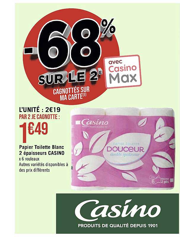 papier toilette blanc 2 épaisseurs casino