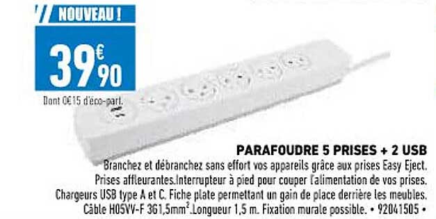 parafoudre 5 prises + 2 usb