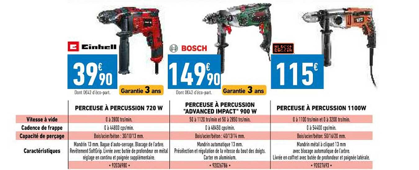 perceuse à percussion 720w einhell, perceuse à percussion "advanced impact" 900w bosch, perceuse à percussion 1100w black + decker