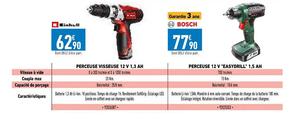 perceuse visseuse 12v 1,3Ah einhell, perceuse 12v "easydrill" 1,5Ah bosch