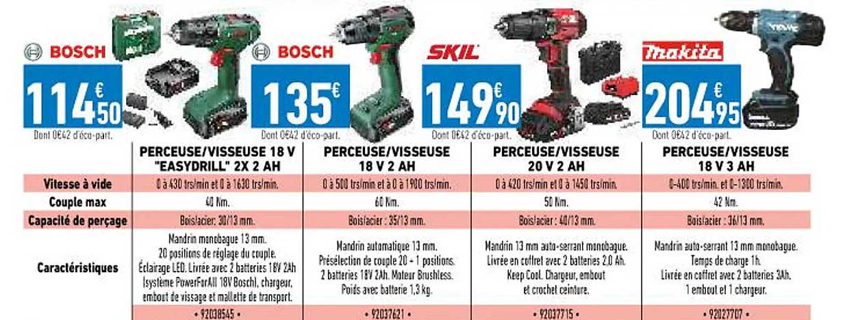 perceuse-visseuse 18v "easydrill" 2 x 2Ah bosch, perceuse-visseuse 18v 2Ah bosch, perceuse-visseuse 20v 2Ah skil, perceuse-visseuse 18v 3Ah makita
