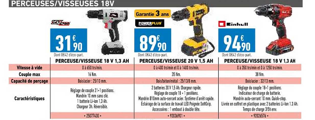 Perceuse-visseuse 18v 1,3Ah Go-on!, Perceuse-visseuse 20v 1,5Ah Powerplus, Perceuse-visseuse 18v 1,3Ah Einhell