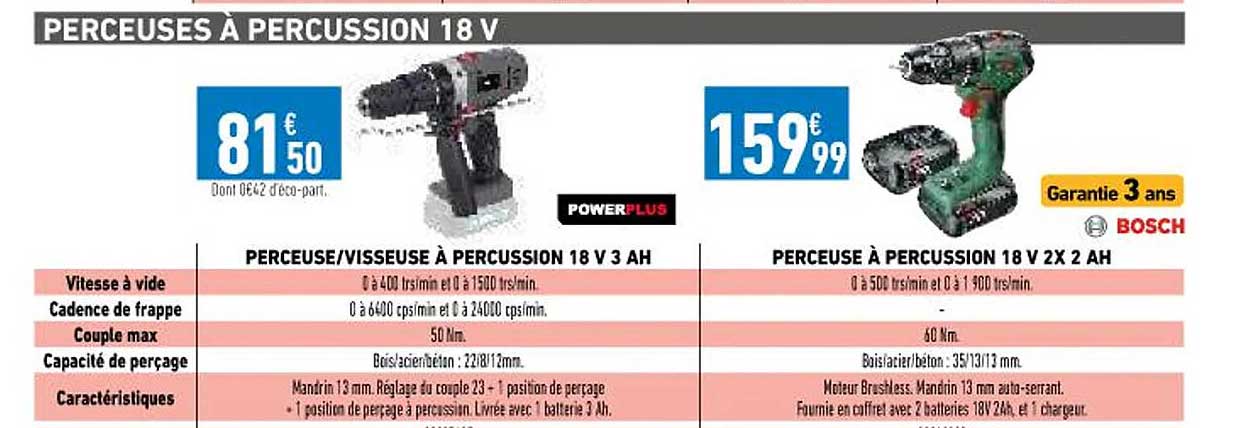 perceuse-visseuse à percussion 18v 3Ah powerplux, perceuse à percussion 18v 2 x 2Ah bosch