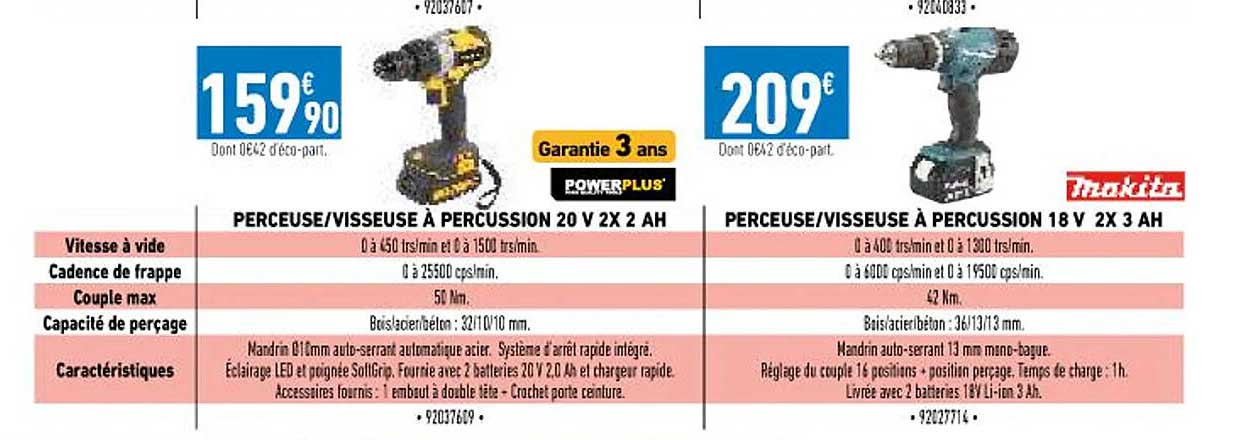perceuse-visseuse à percussion 20v  2 x 2Ah powerplus, perceuse-visseuse à percussion 18v 2 x 3Ah makita
