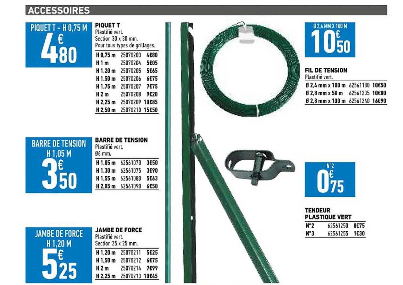 piquet t, barre de tension, jambe de force, fil de tension, tendeur plastique vert