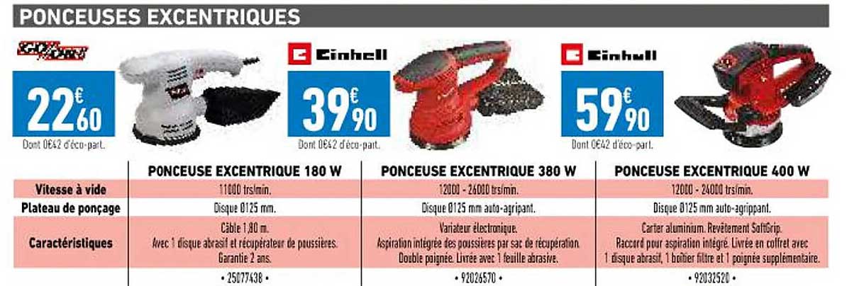 ponceuse excentrique 180w go-on!, ponceuse excentrique 380w einhell, ponceuse excentrique 400w einhell