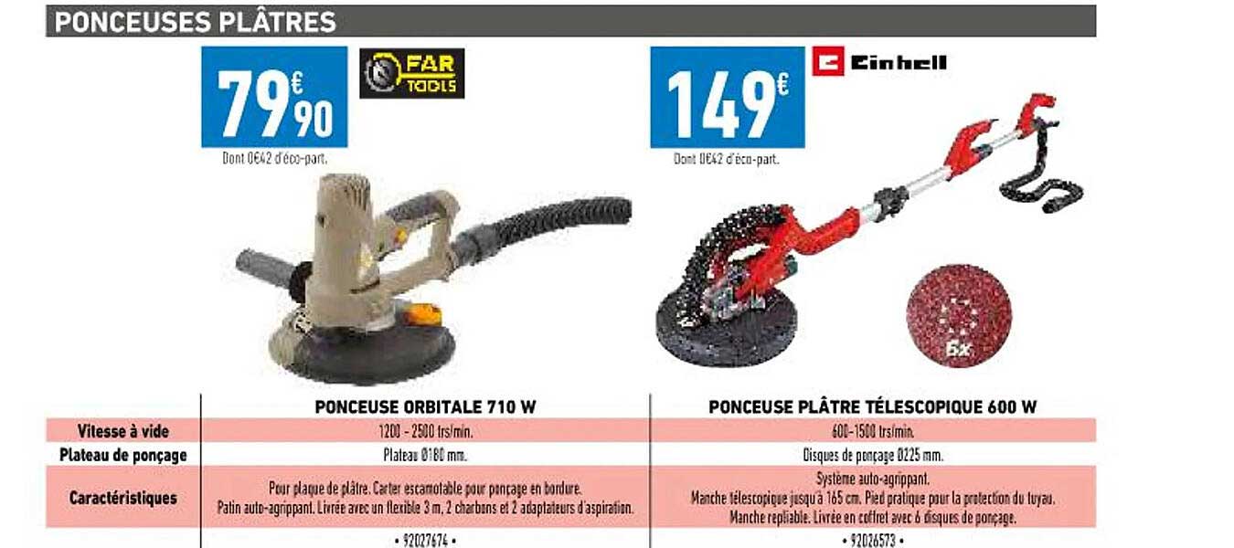 ponceuse orbitale 710w far tools, ponceuse plâtre télescopique 600w einhell