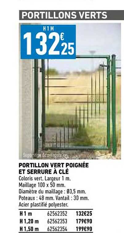 portillon vert poignée et serrure à clé