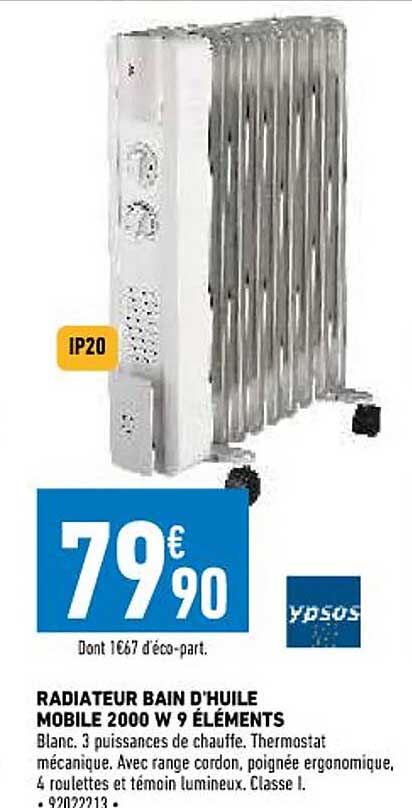 radiateur bain d'huile mobile 2000 w 9 éléments ypsos