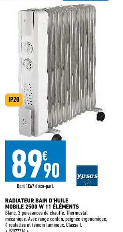 radiateur bain d'huile mobile 2500 w 11 éléments ypsos