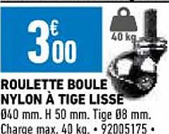 roulette boule nylon à tige lisse